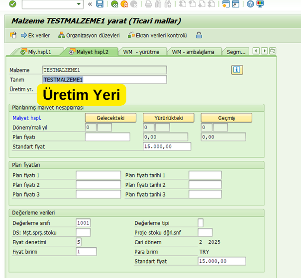 Maliyet Hesaplama 2 SAP MM01
