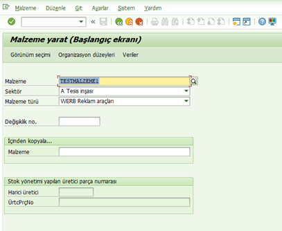 SAP Malzeme Yaratma Ekranı